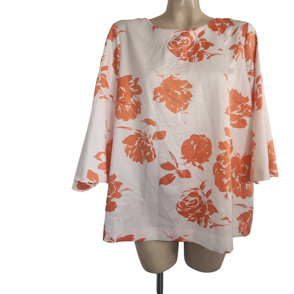 Jaclyn Smith Collection Orange Floral Rose Print Bell Sleeve Blouse XL White‎